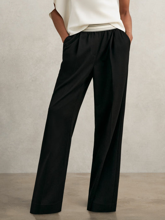 Reiss Featured - Petite Wide-Leg Contrast-Waistband Trousers in Black
