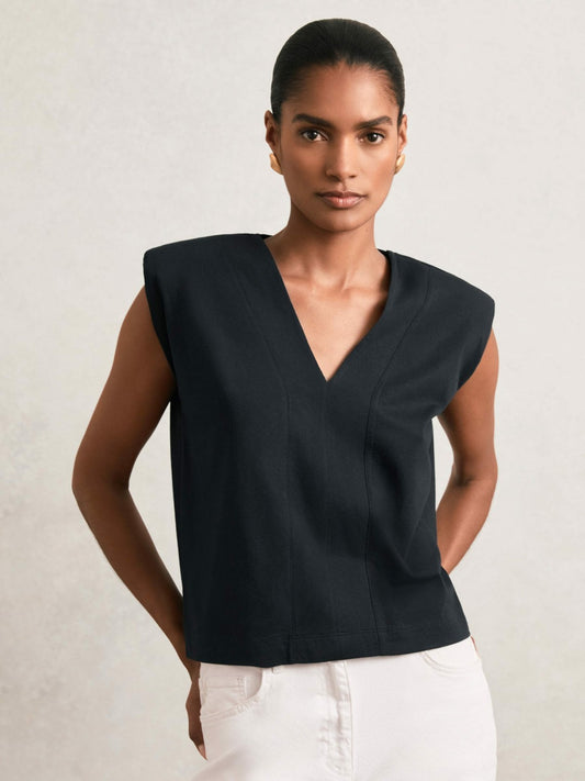 Reiss Popular Choice - Cotton Shoulder-Pad V-Neck Top in Navy