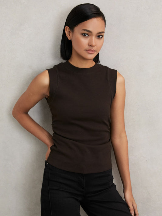 Reiss Sale - Ribbed Ruched Waist Vest in Chocolate