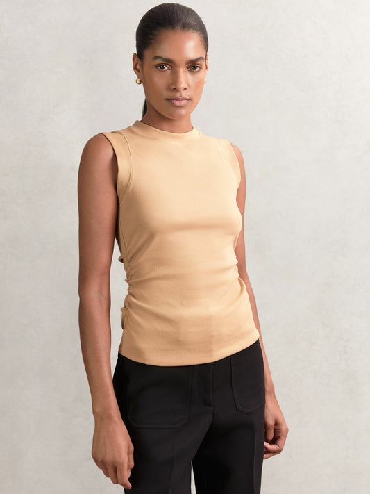 Reiss Affordable - Fine-Rib Ruched Vest Top in Camel