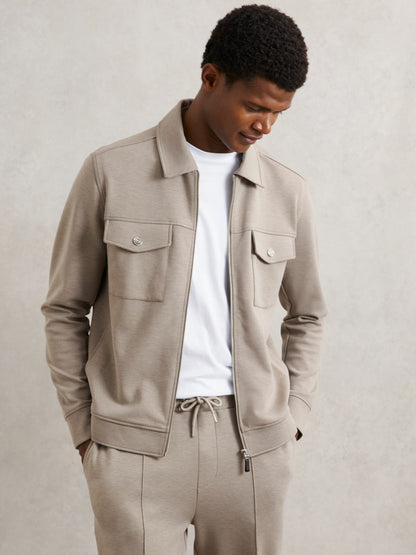 Reiss Popular Choice - Interlock Jersey Zip-Through Jacket in Taupe Brown