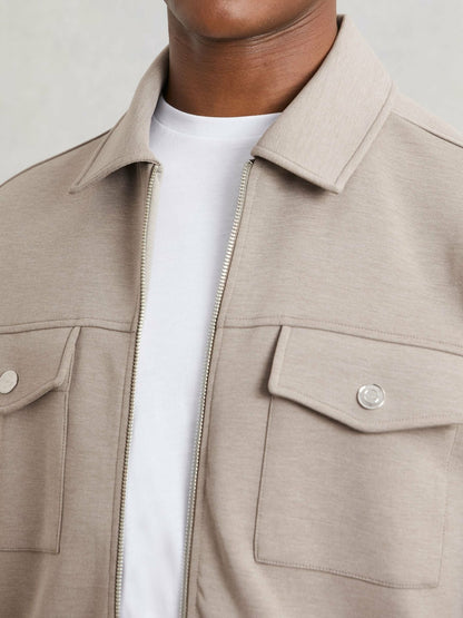 Reiss Popular Choice - Interlock Jersey Zip-Through Jacket in Taupe Brown