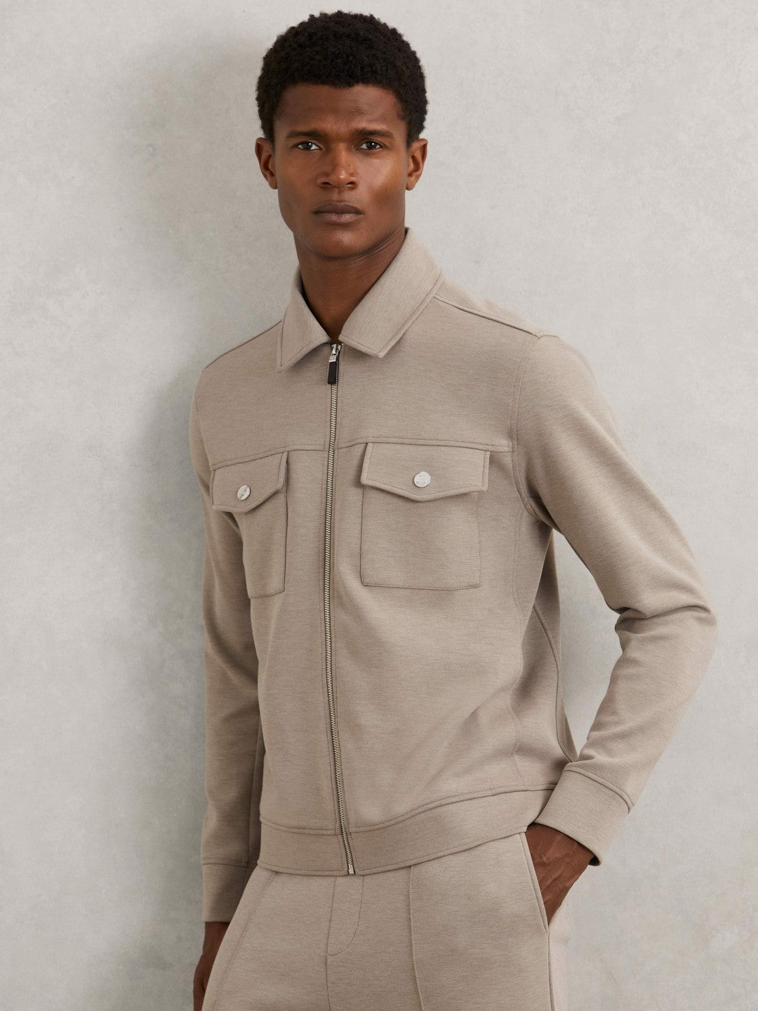 Reiss Popular Choice - Interlock Jersey Zip-Through Jacket in Taupe Brown