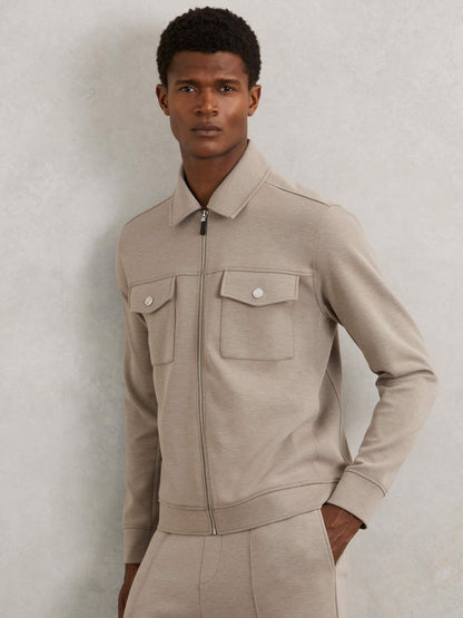 Reiss Popular Choice - Interlock Jersey Zip-Through Jacket in Taupe Brown