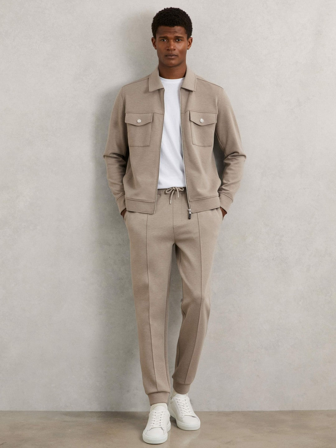 Reiss Popular Choice - Interlock Jersey Zip-Through Jacket in Taupe Brown
