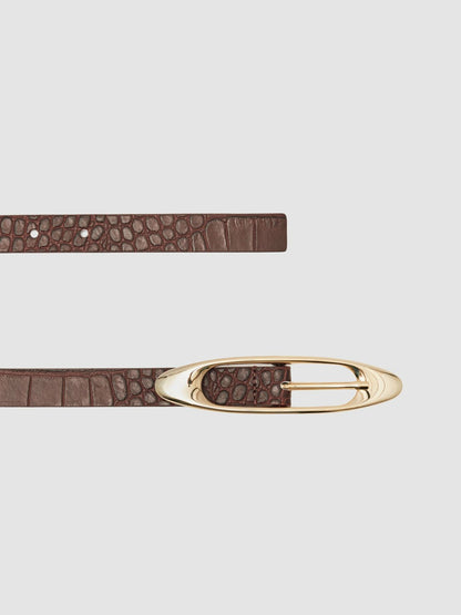 Reiss Value - Croc-Effect Leather Oval-Buckle Belt in Burgundy