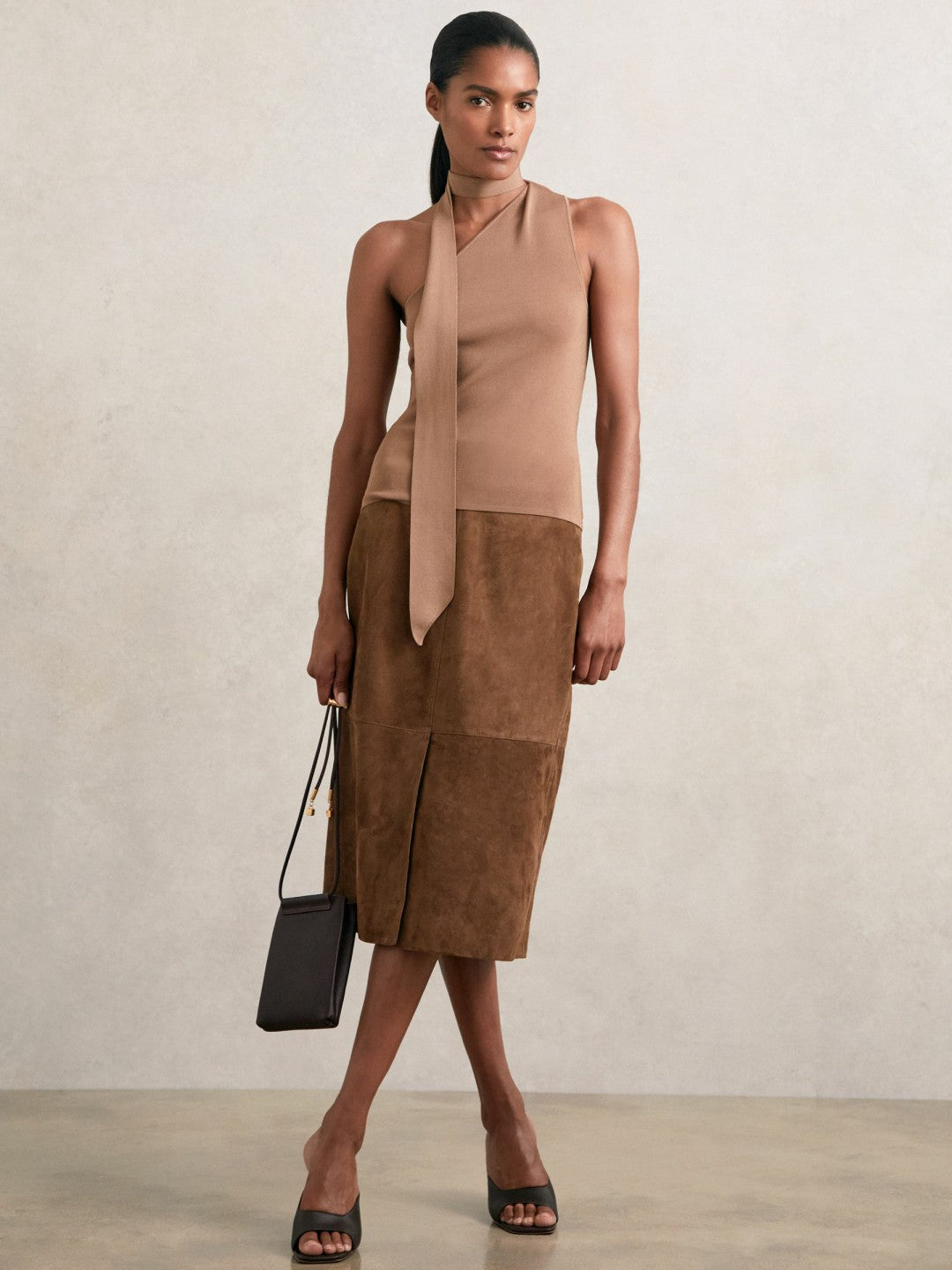 Reiss Affordable - Suede Straight-Fit Midi Skirt in Tan Brown