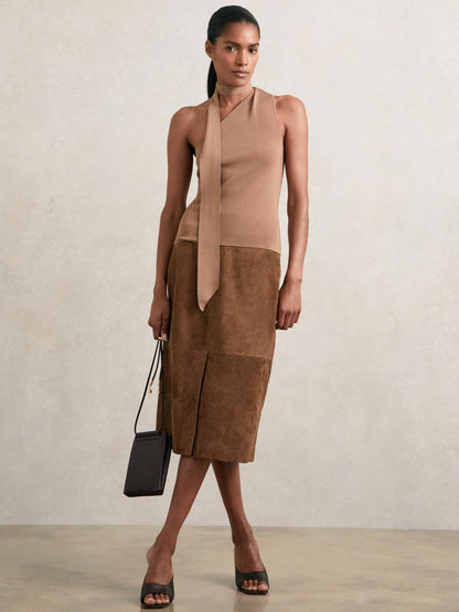 Reiss Affordable - Suede Straight-Fit Midi Skirt in Tan Brown