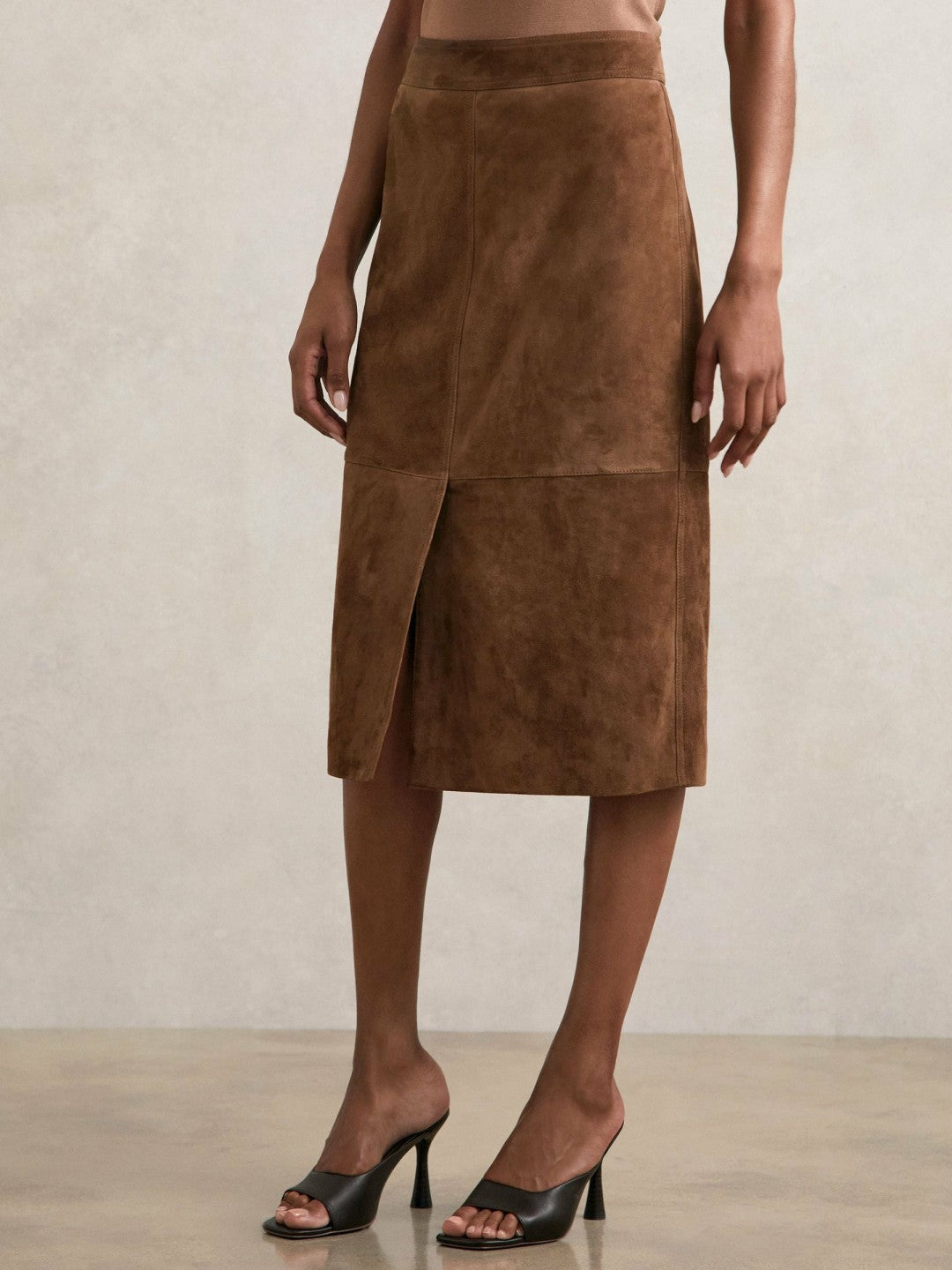 Reiss Affordable - Suede Straight-Fit Midi Skirt in Tan Brown