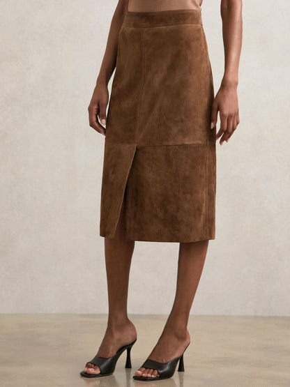 Reiss Affordable - Suede Straight-Fit Midi Skirt in Tan Brown