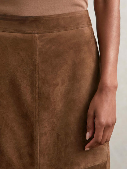 Reiss Affordable - Suede Straight-Fit Midi Skirt in Tan Brown
