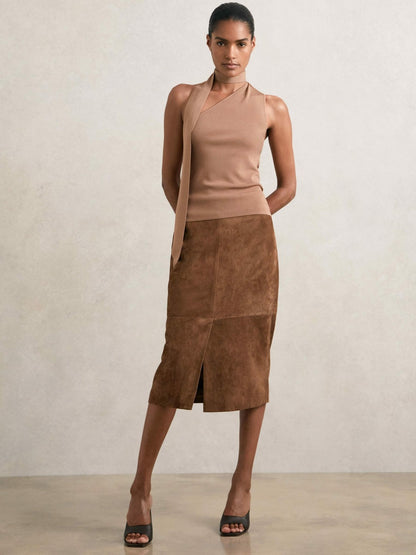Reiss Affordable - Suede Straight-Fit Midi Skirt in Tan Brown