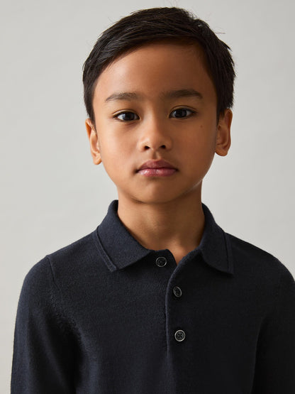 Reiss Savings - 9-13 yrs Merino Wool Long-Sleeve Polo Shirt in Navy