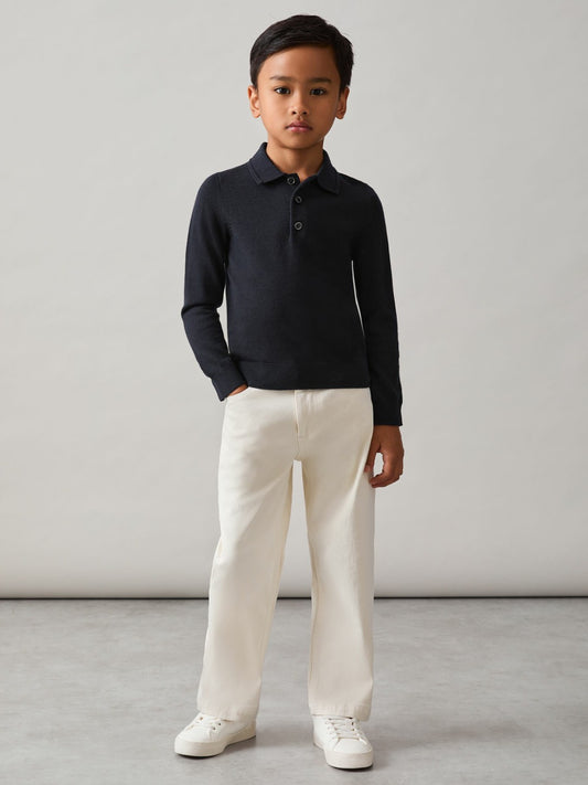 Reiss 4-9 yrs Merino Wool Long-Sleeve Polo Shirt in Navy