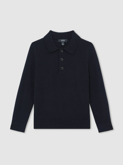 Reiss Sale - Merino Wool Long-Sleeve Polo Shirt in Navy