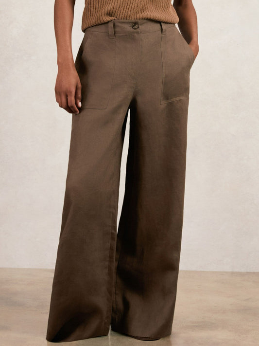Reiss Featured - Petite Linen Wide Leg Trousers in Chocolate Brown
