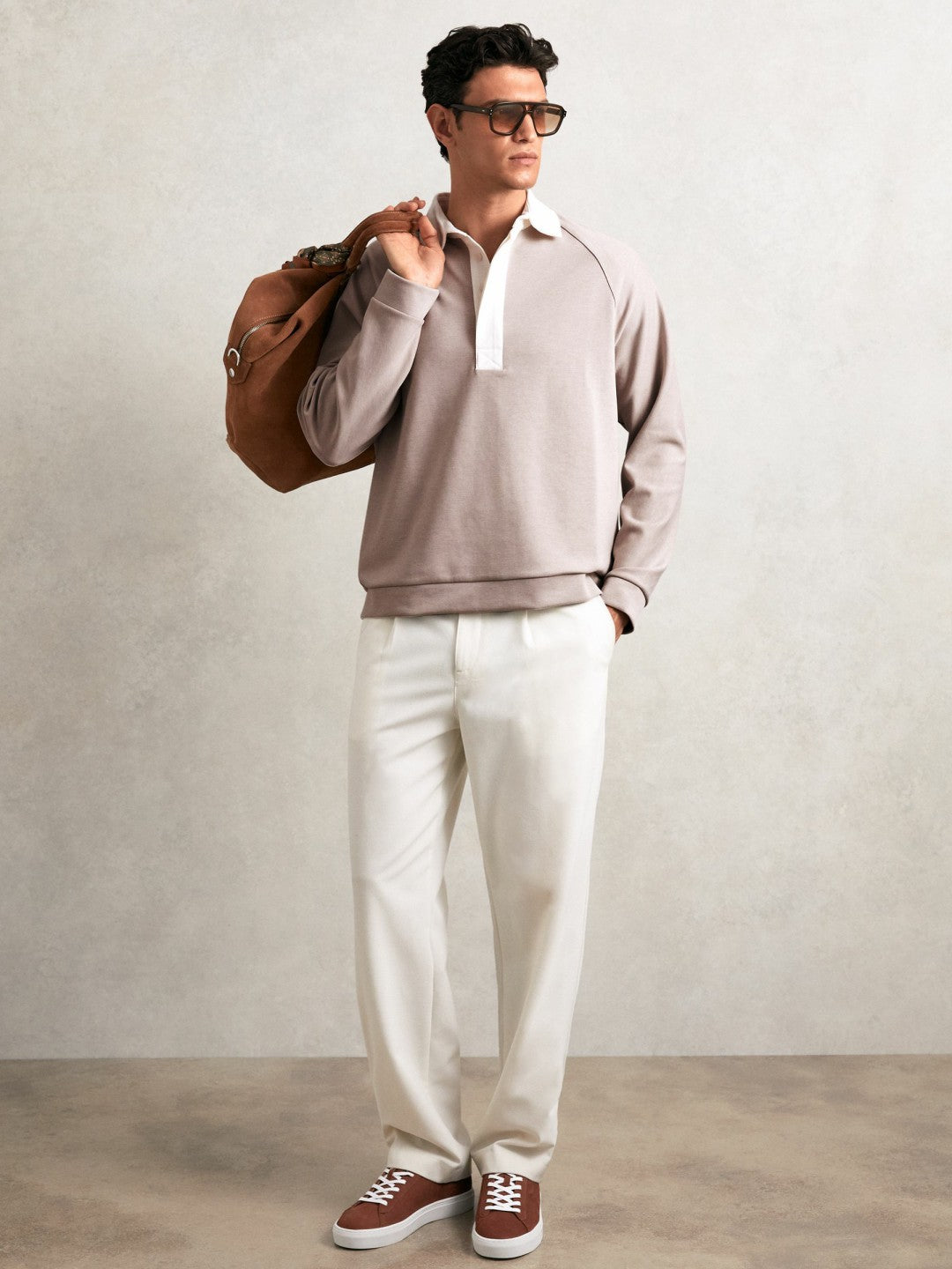 Reiss Colour Block Rugby Shirt in Oatmeal/White