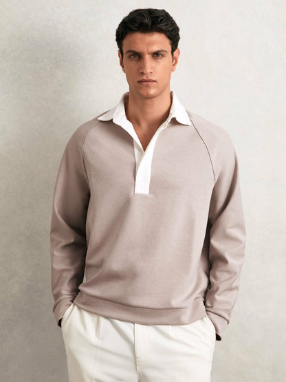 Reiss Colour Block Rugby Shirt in Oatmeal/White
