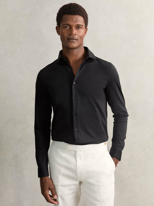 Reiss Savings - Cotton-Jersey Button-Through Shirt in Black