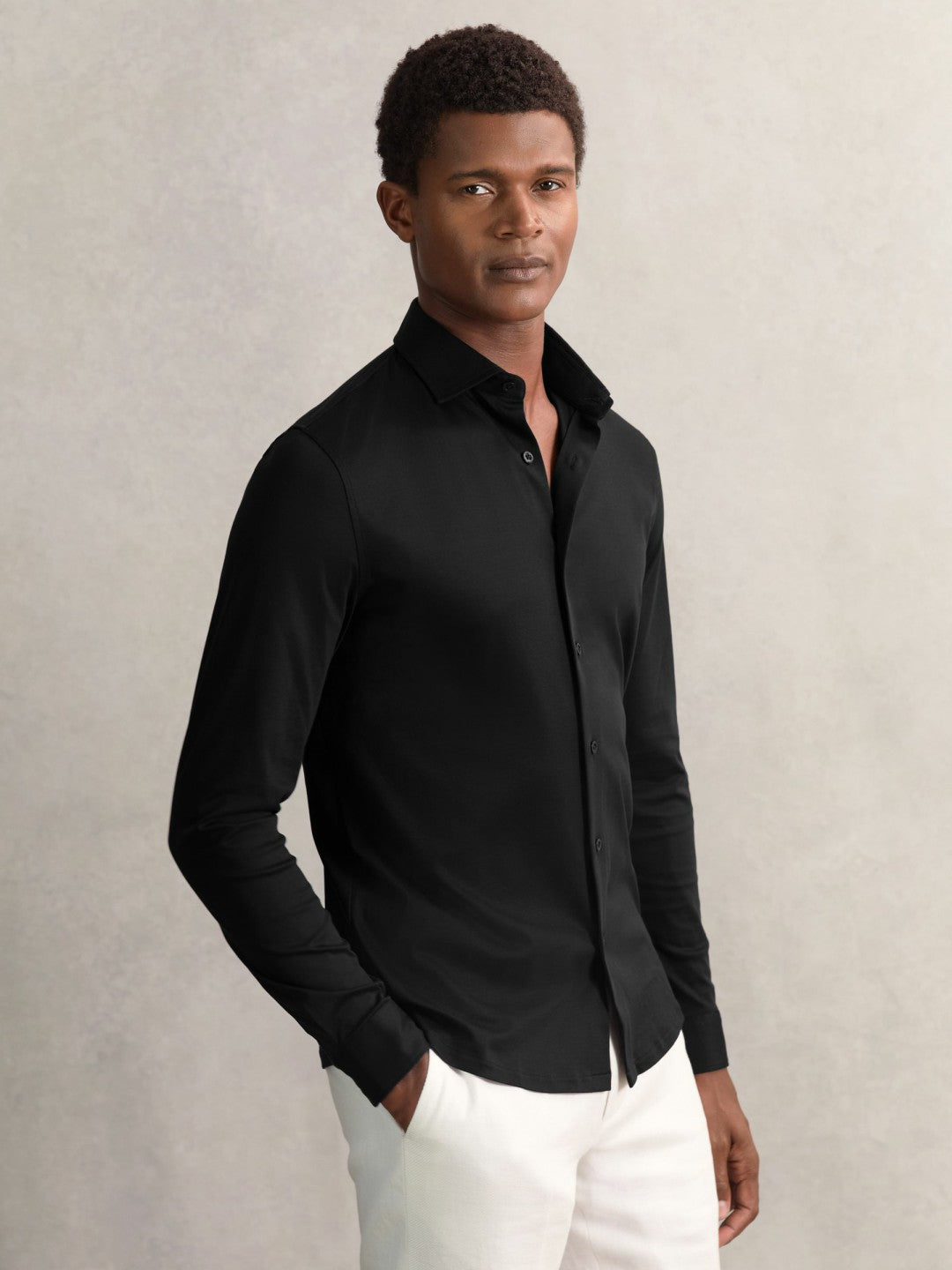 Reiss Savings - Cotton-Jersey Button-Through Shirt in Black