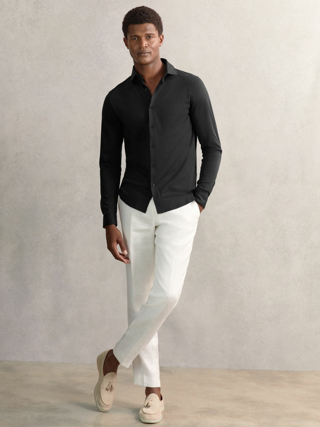 Reiss Savings - Cotton-Jersey Button-Through Shirt in Black