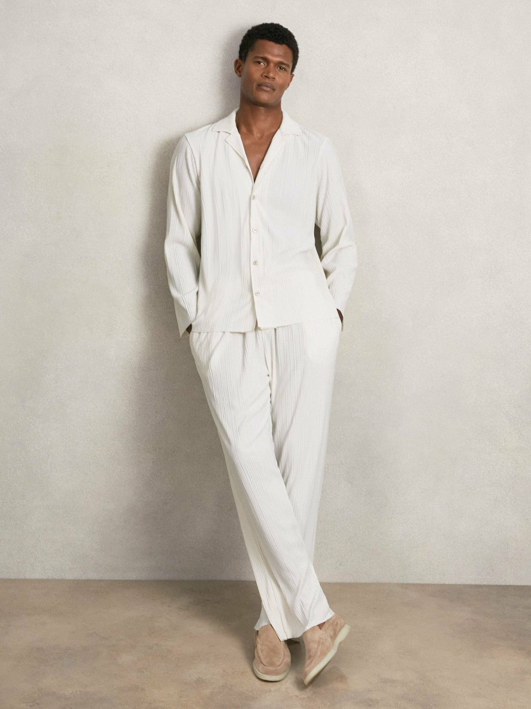 Reiss Best Seller - Plissé Cuban-Collar Long-Sleeve Shirt in Off White