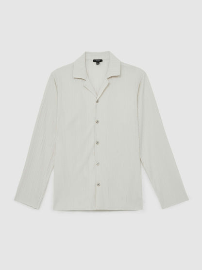 Reiss Best Seller - Plissé Cuban-Collar Long-Sleeve Shirt in Off White