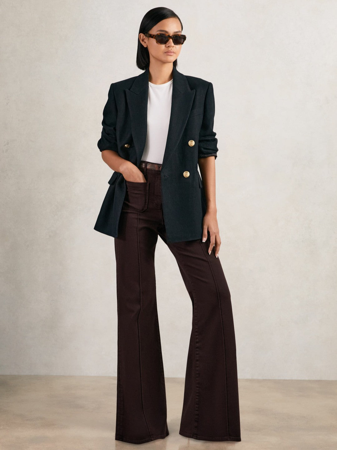 Reiss Petite Patch-Pocket Flared Jeans in Burgundy