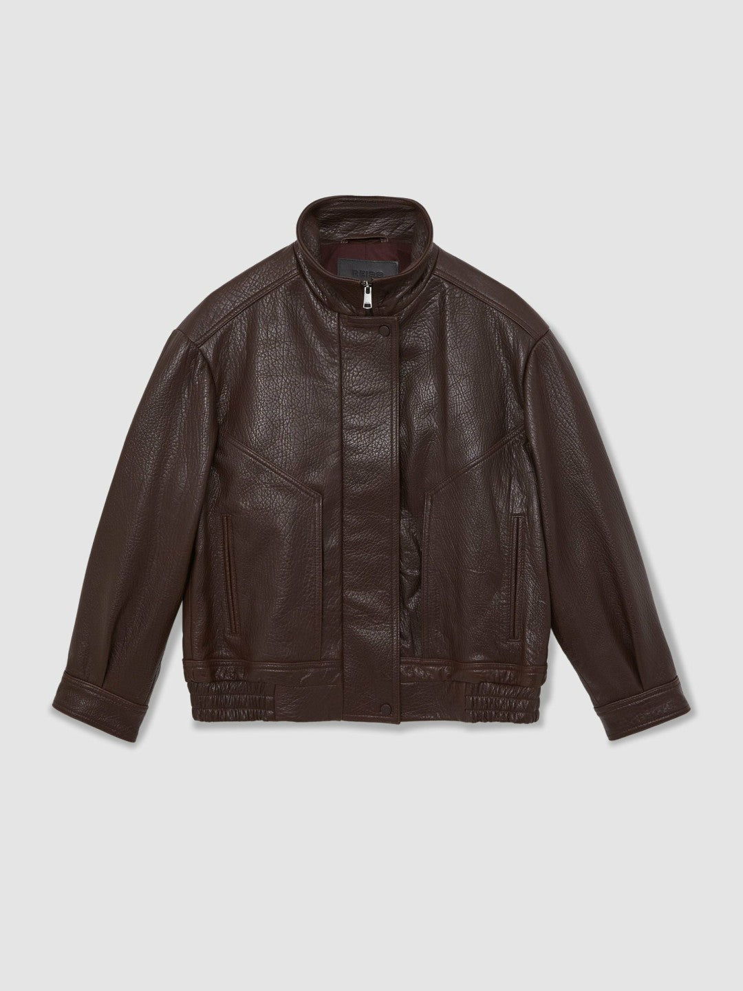 Reiss Featured - Oversize Grained-Leather Bomber Jacket in Burgundy