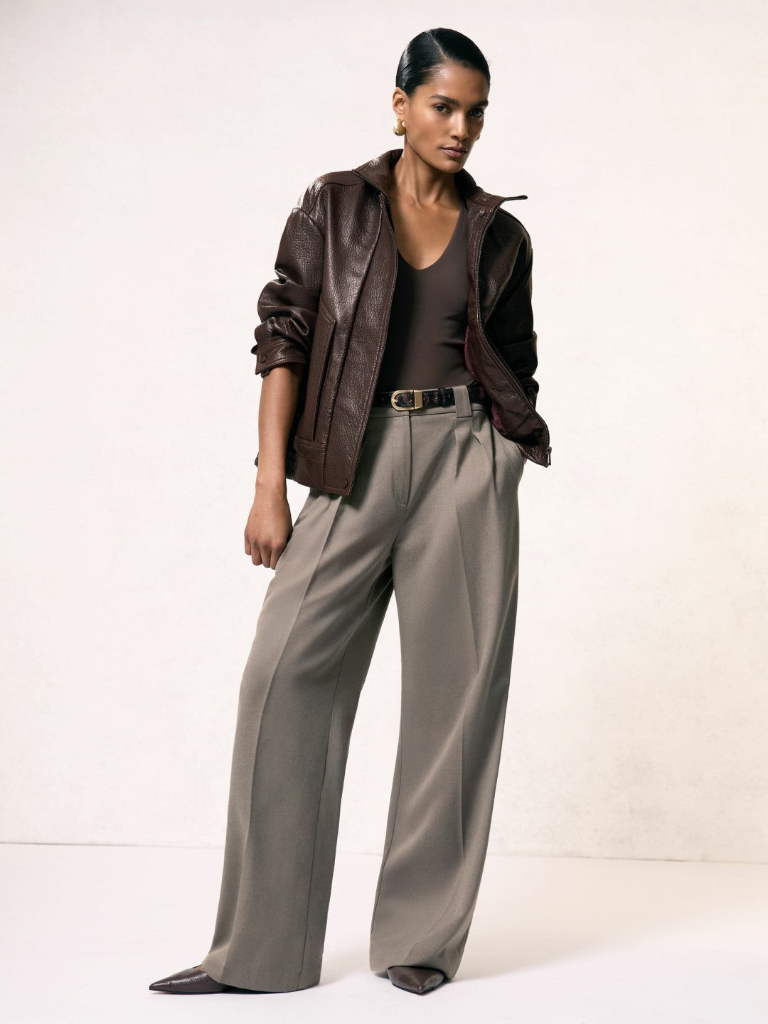 Reiss Featured - Oversize Grained-Leather Bomber Jacket in Burgundy