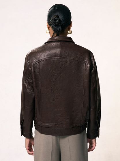 Reiss Featured - Oversize Grained-Leather Bomber Jacket in Burgundy