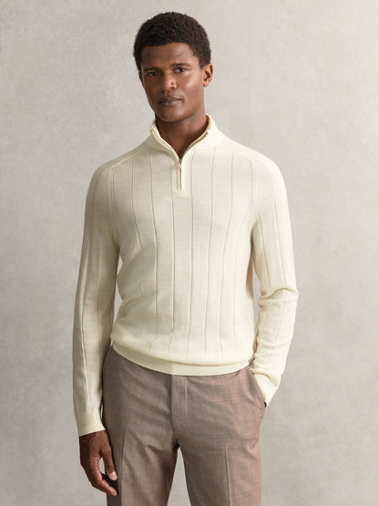 Reiss Best Seller - Merino Wool Wide-Rib Half-Zip Jumper in Bianco