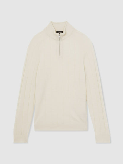 Reiss Best Seller - Merino Wool Wide-Rib Half-Zip Jumper in Bianco