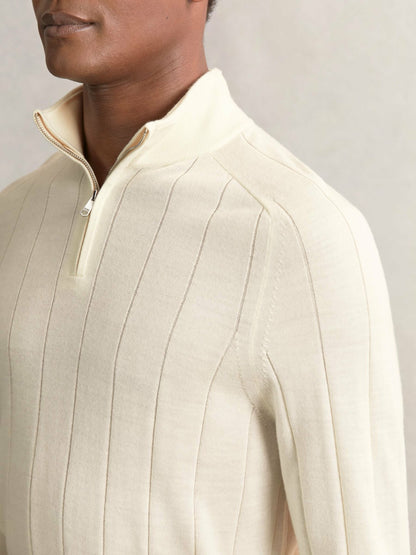Reiss Best Seller - Merino Wool Wide-Rib Half-Zip Jumper in Bianco