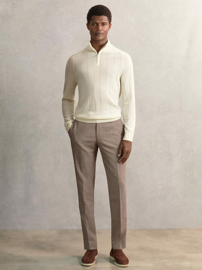 Reiss Best Seller - Merino Wool Wide-Rib Half-Zip Jumper in Bianco