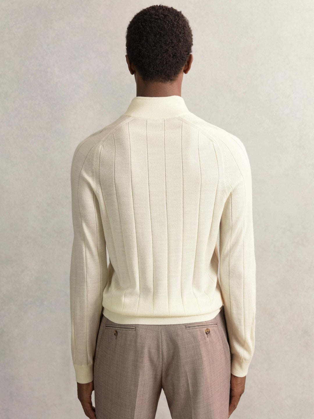 Reiss Best Seller - Merino Wool Wide-Rib Half-Zip Jumper in Bianco
