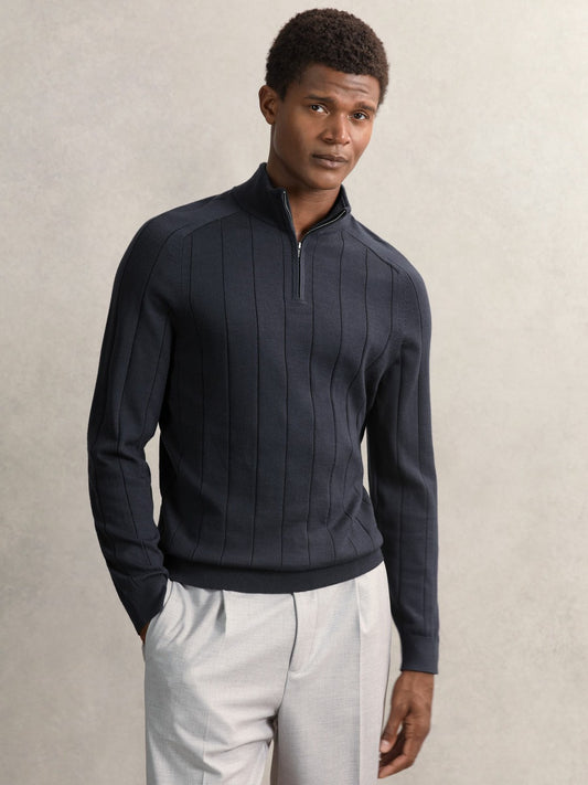 Reiss Affordable - Merino Wool Wide-Rib Half-Zip Jumper in Airforce Blue