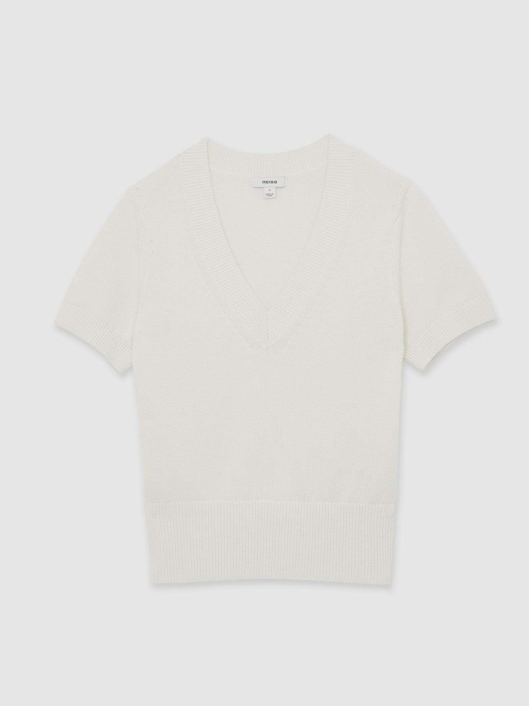 Reiss Cotton-Wool Knit V-Neck Top in Ivory