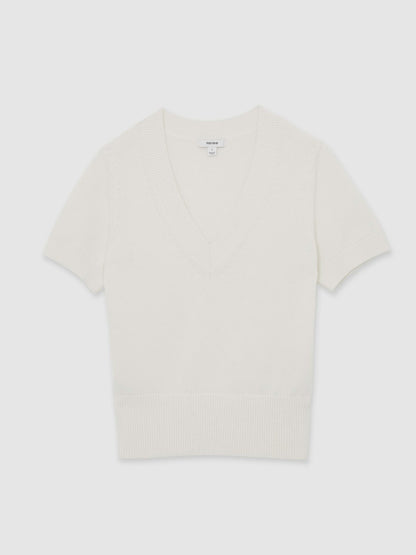 Reiss Cotton-Wool Knit V-Neck Top in Ivory