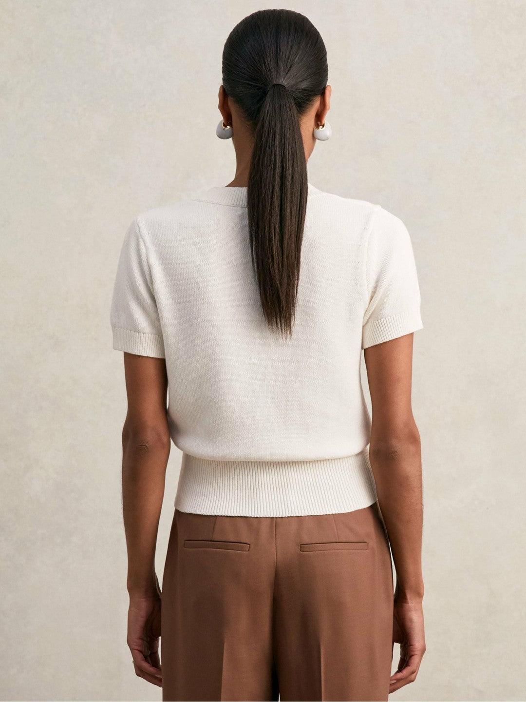Reiss Cotton-Wool Knit V-Neck Top in Ivory