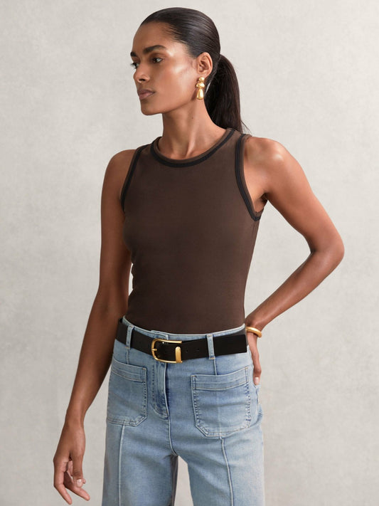 Reiss Value - Stretch-Cotton Jersey Tipped Vest in Chocolate Brown/Black