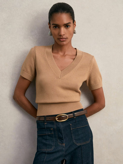 Reiss Cotton-Wool Knit V-Neck Top in Camel