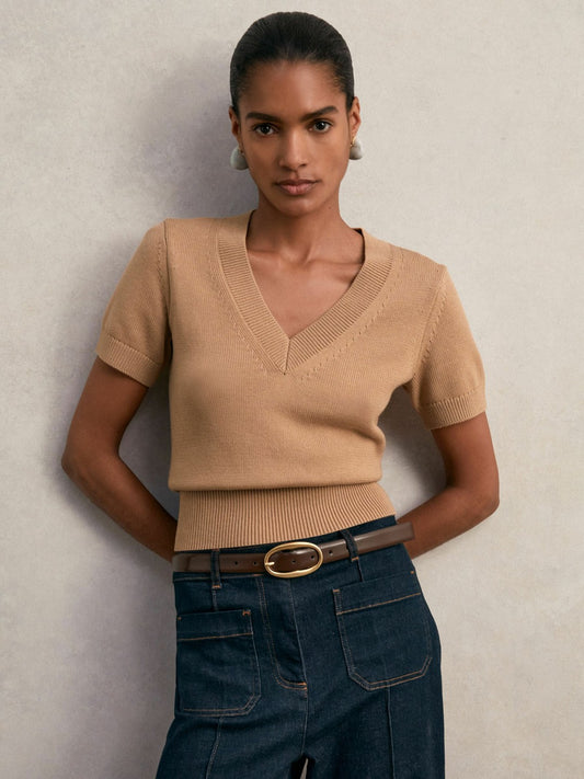 Reiss Popular Choice - Cotton-Wool Knit V-Neck Top in Camel