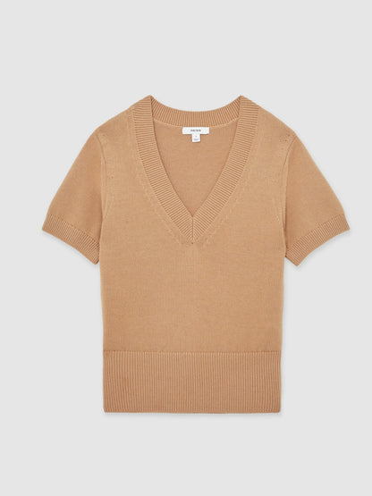Reiss Cotton-Wool Knit V-Neck Top in Camel