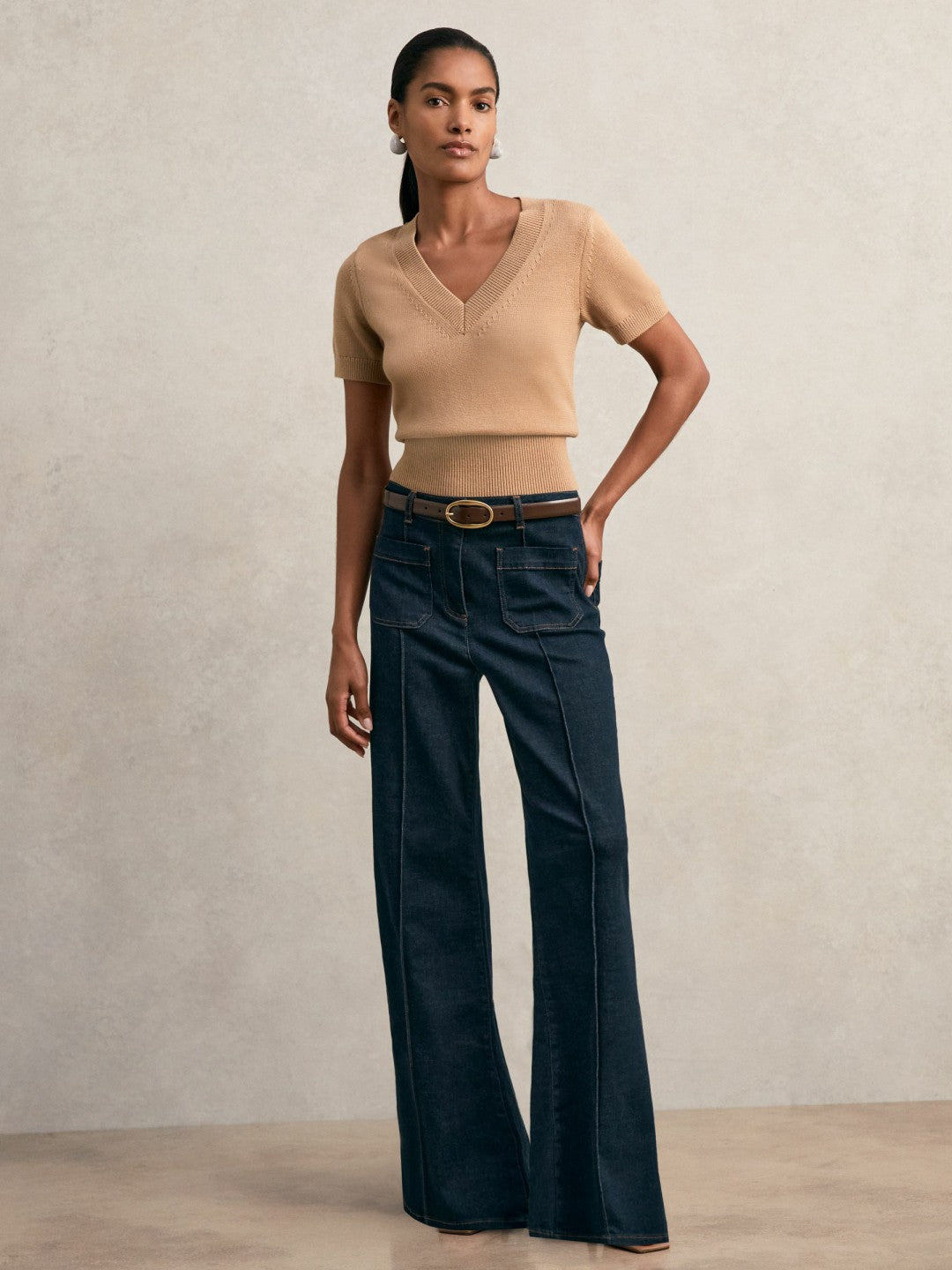 Reiss Cotton-Wool Knit V-Neck Top in Camel