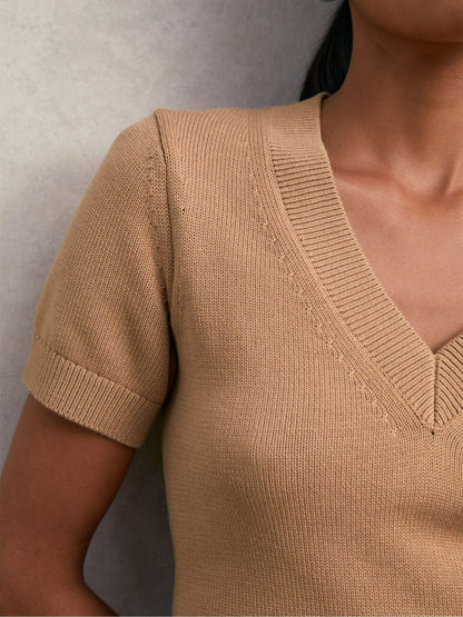 Reiss Cotton-Wool Knit V-Neck Top in Camel