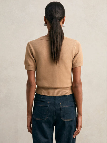 Reiss Cotton-Wool Knit V-Neck Top in Camel