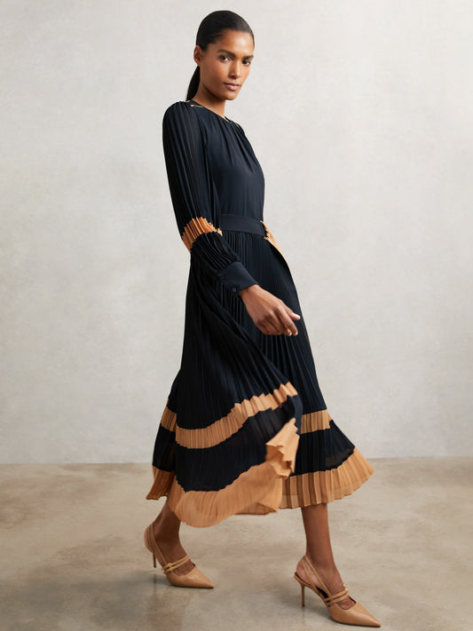 Reiss Colour-Block Pleated Midi Dress in Navy/Camel