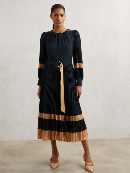 Reiss Colour-Block Pleated Midi Dress in Navy/Camel