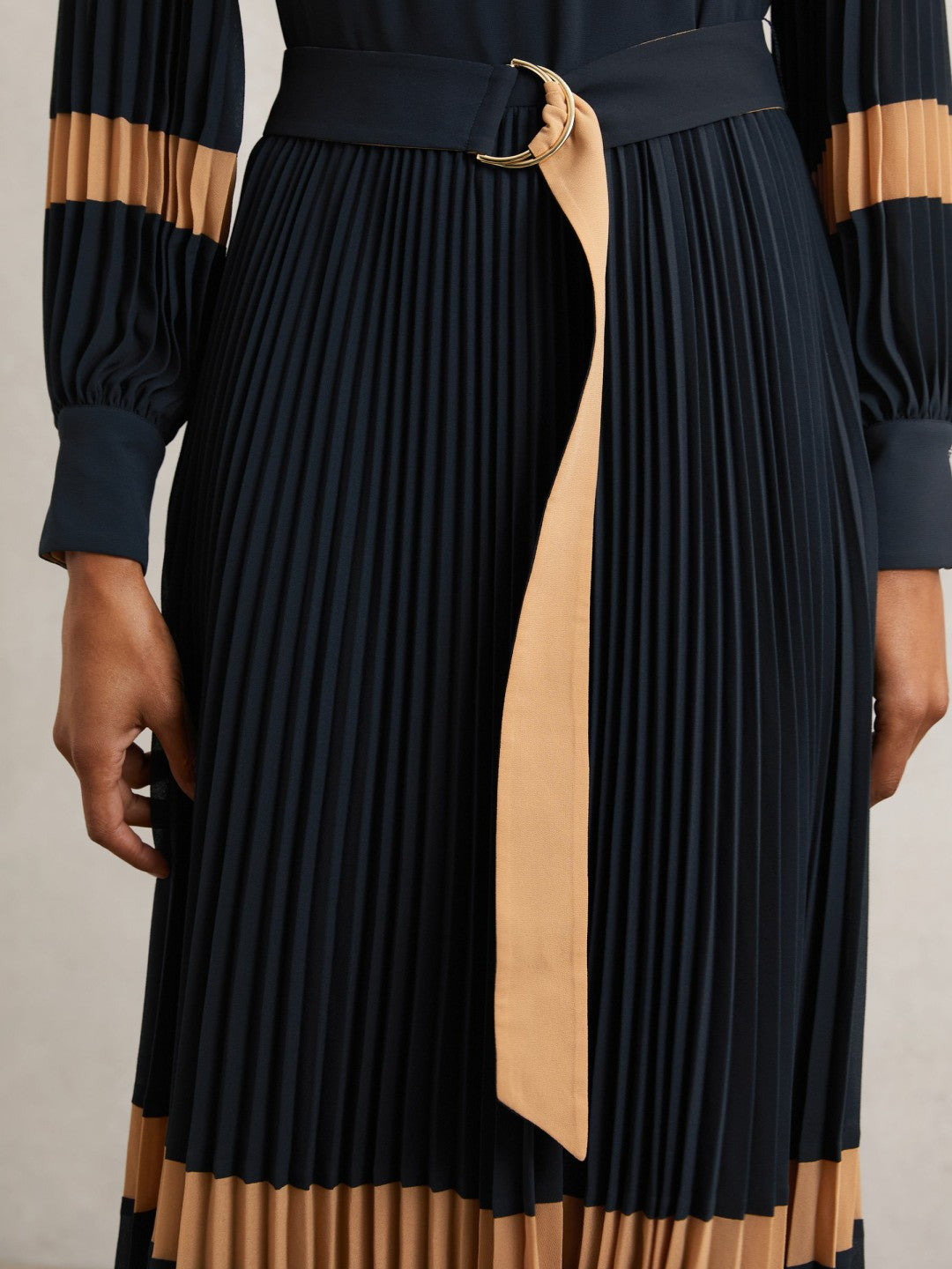 Reiss Colour-Block Pleated Midi Dress in Navy/Camel
